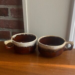 Vintage pottery set of two crocks with handles
